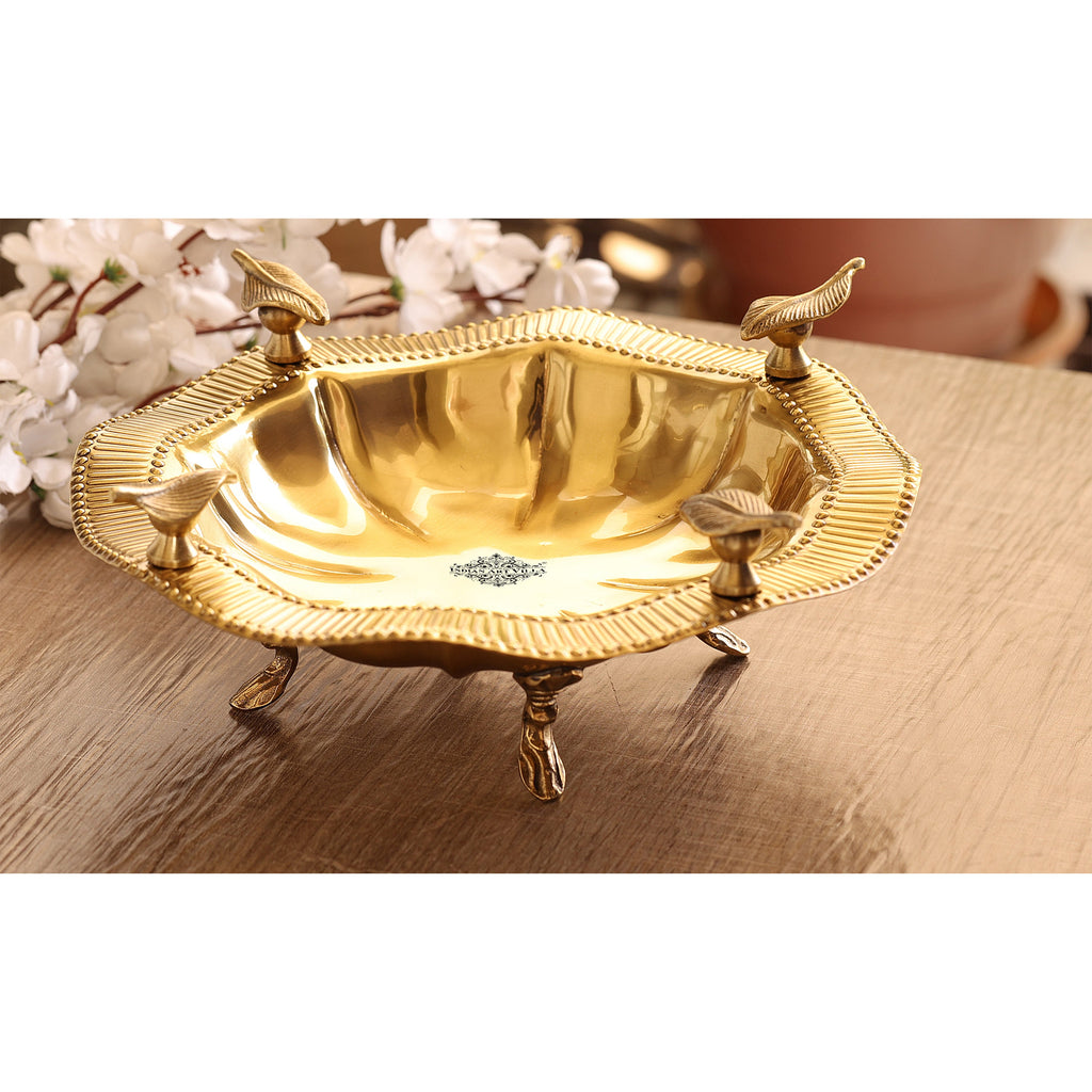 Indian Art Villa  Pure Brass designer round serving tray with leaf design on 4 sides 4.9"x13.5"