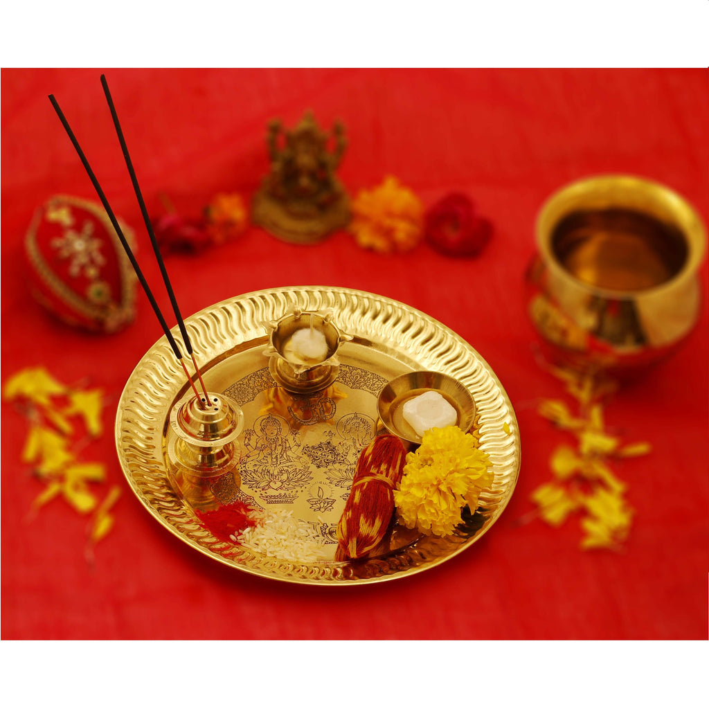 Indian Art Villa Brass Handmade Embossed Pooja, Aarti Thali Set, Ganesh ji & Lakshmi Ji, Spiritual Item