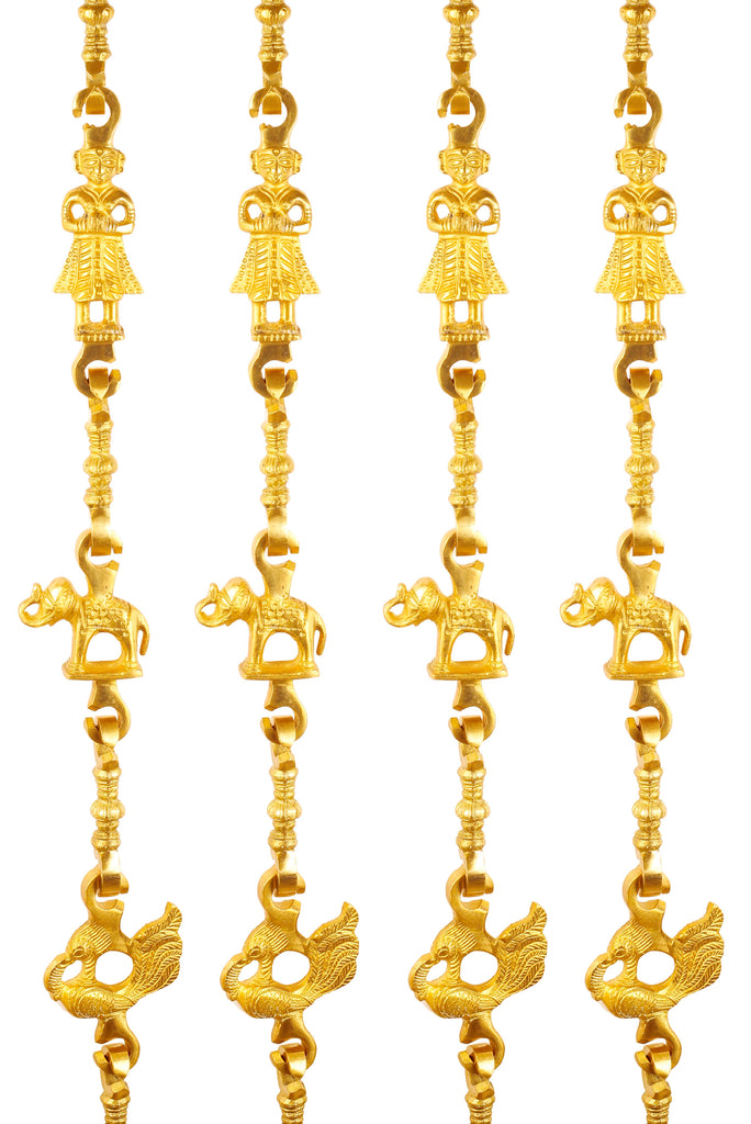 Indian Art Villa Brass Jhula Chain Men Guard, Elephant, Peacock with 3 step Designer Chain 75.3 Inch Each, Set of 4