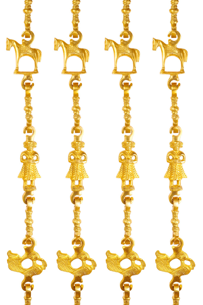 Indian Art Villa Brass Jhula Chain Horse, Men Guard, Peacock with 3 step Designer Chain 75.3 Inch Each, Set of 4