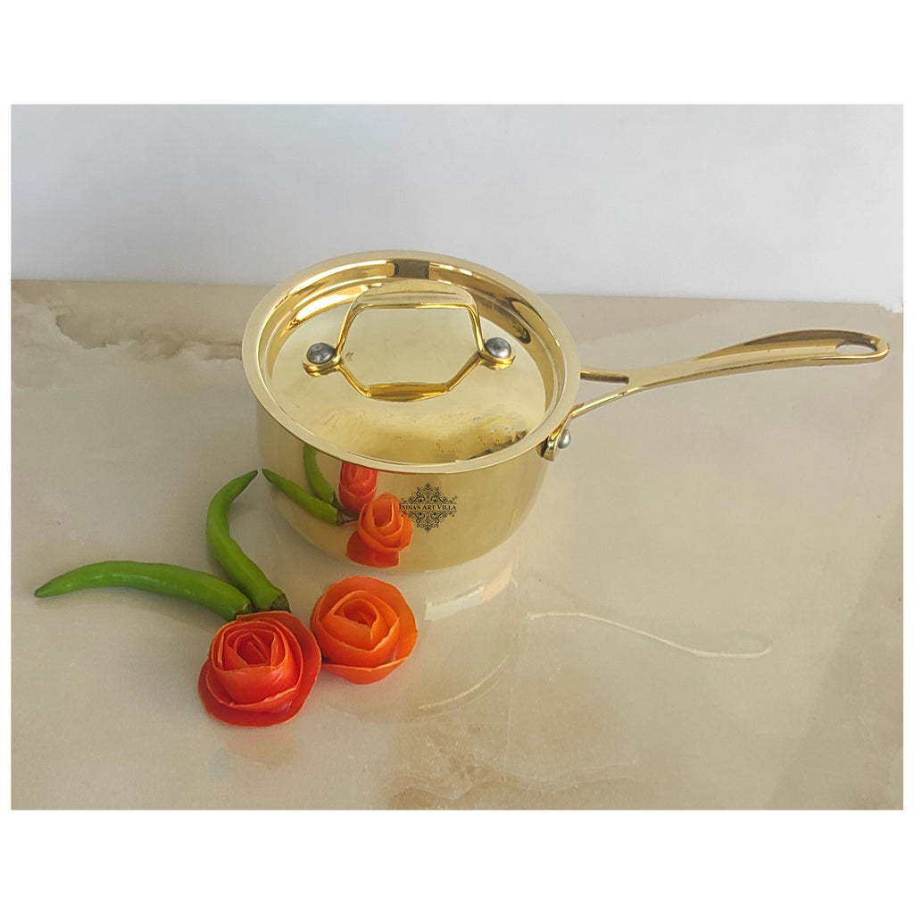 Indian Art Villa Pure Brass Sauce Pan with Brass Lid and Handle with Tin Lining Inside, Serveware, Cookware