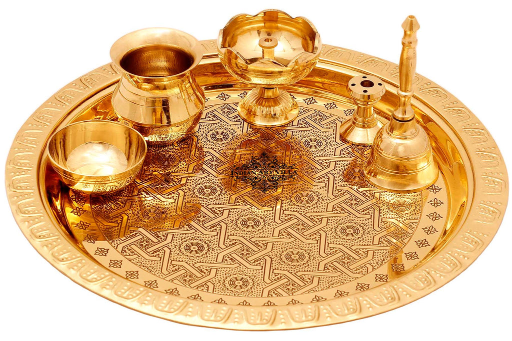 Indian Art Villa Brass Handmade Embossed Pooja Thali Set, Spiritual Item , 10.5"