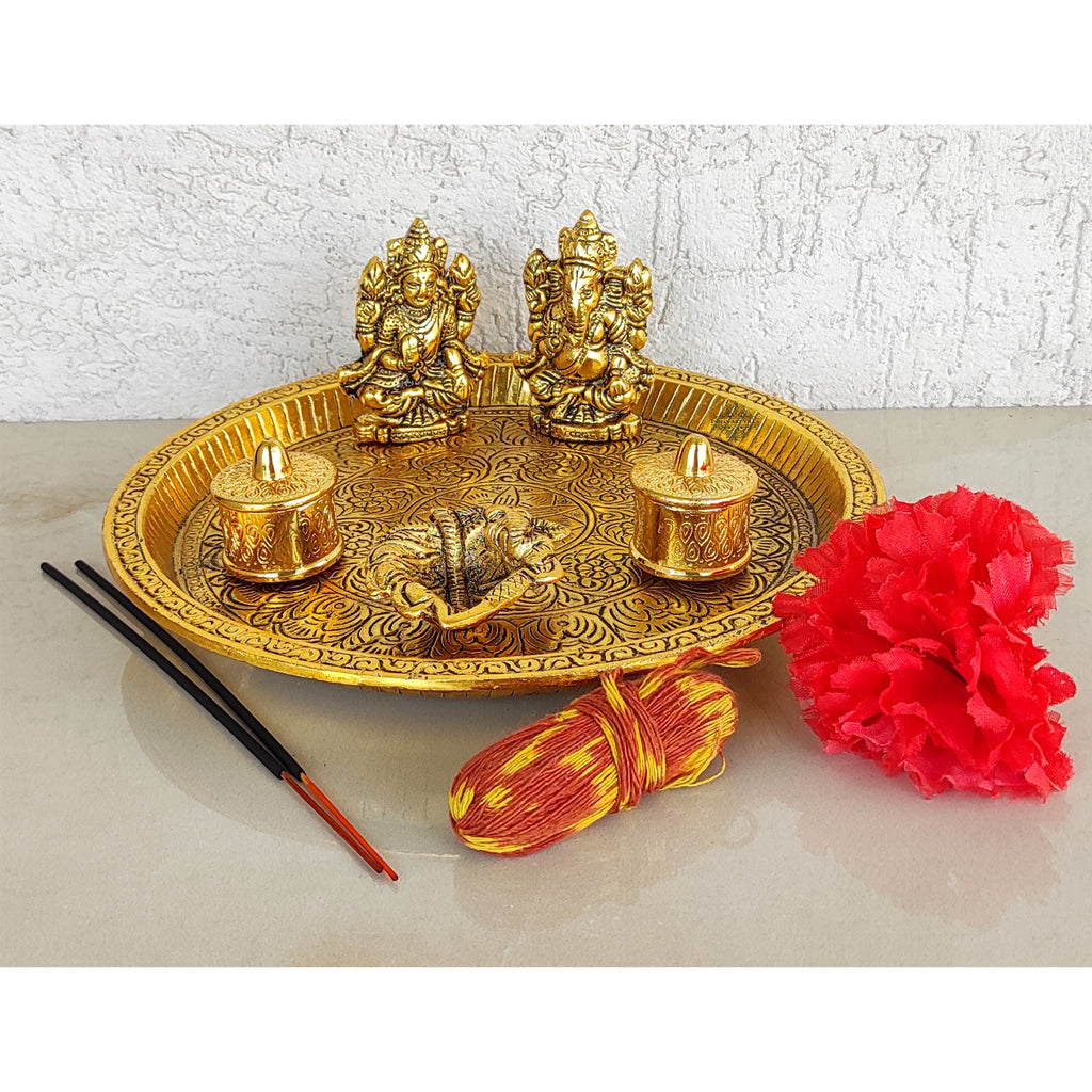 Indian Art Villa Brass Deep Embossed Design Shree Ganesh & Laxmi 6 Pieces Set Pooja Thali, Width-9.1 Inches
