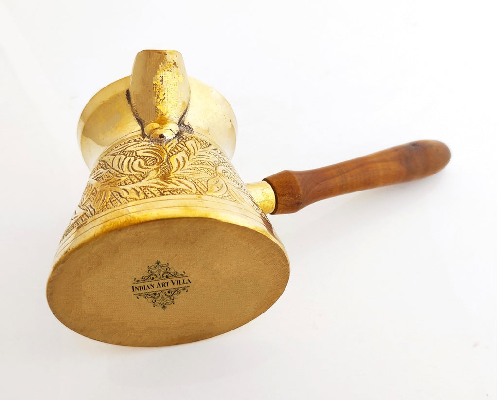 Indian Art Villa Brass Turkish Kettle Mug with wooden Handle, Coffee tea Mug Pourer, Leaf Design
