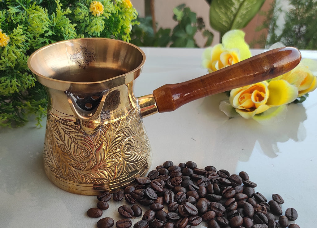 Indian Art Villa Brass Turkish Kettle Mug with wooden Handle, Coffee tea Mug Pourer, Leaf Design