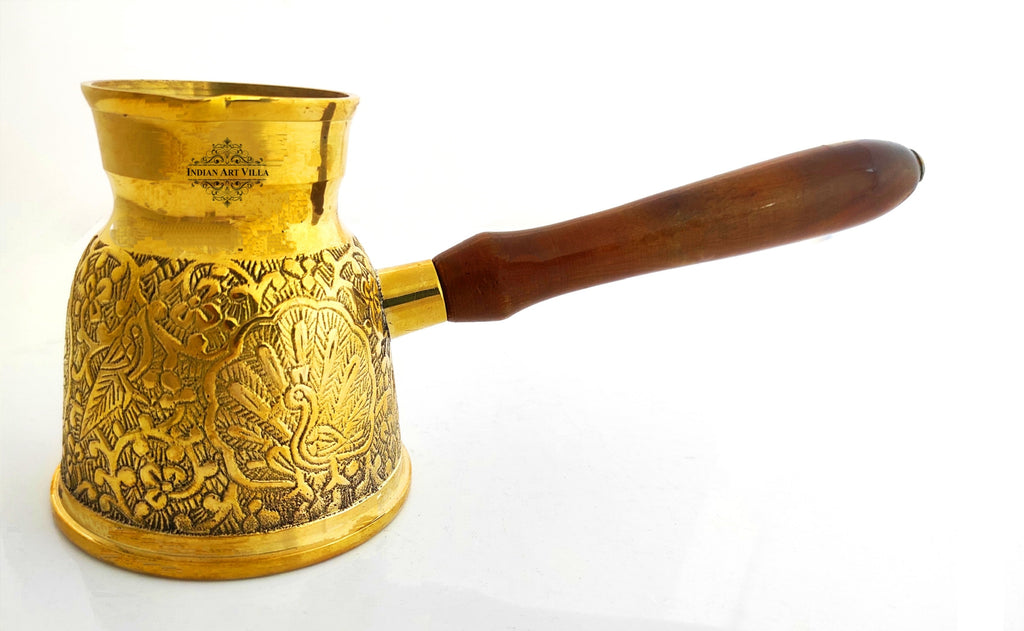 Indian Art Villa Brass Turkish Kettle Mug with wooden Handle, Coffee tea Mug Pourer, Peacock Design