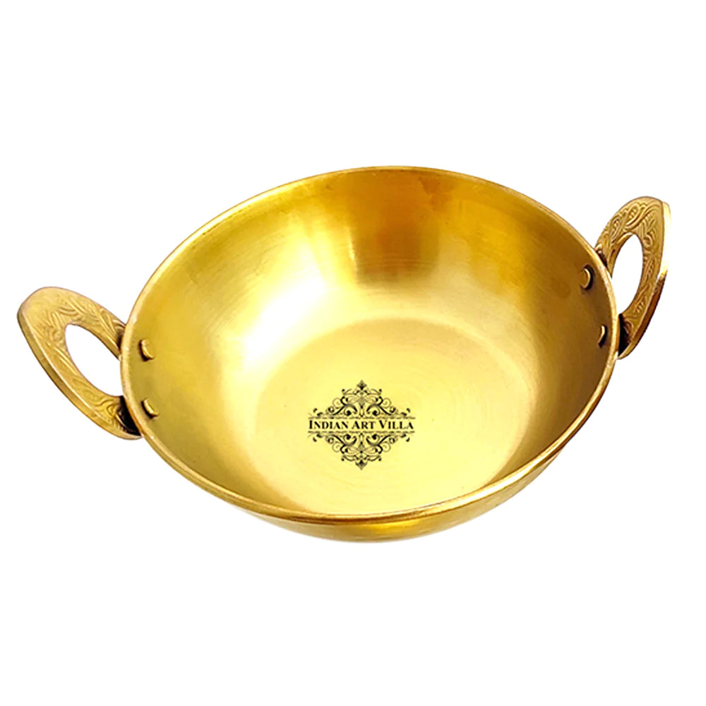 Indian Art Villa Stainless Steel With Brass Finish Kadhai Kadai Wok Double Layer with Embossed Handle, Serving Dishes, Volume 400 ML