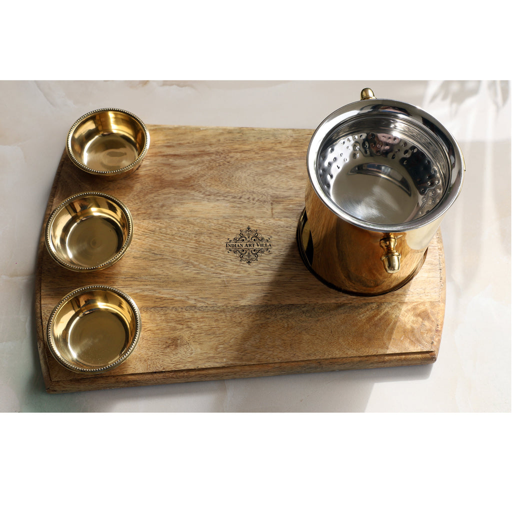 Indian Art Villa Brass Food Warmer With Wooden Bottom & 3 Bowls and Steel Lid, Tabelware Tandoor For Home, Hotel& Restaurants, Size-6.2" x 16 Inches