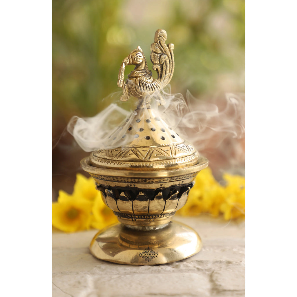 Indian Art Villa Brass Dhopp Dani with Antique Peacock Design, Idol for Home & Tempel Pooja, Size-6.5x4 Inches
