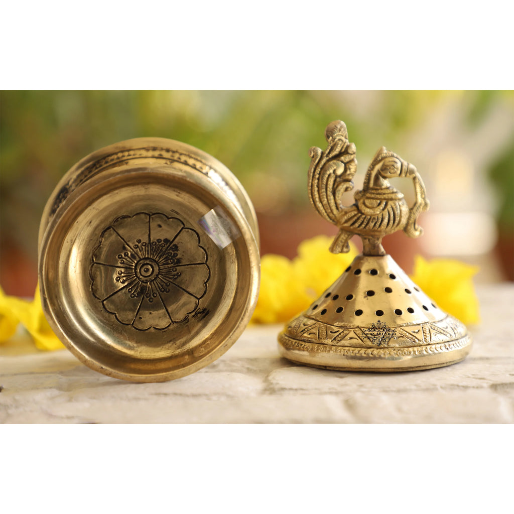 Indian Art Villa Brass Dhopp Dani with Antique Peacock Design, Idol for Home & Tempel Pooja, Size-6.5x4 Inches
