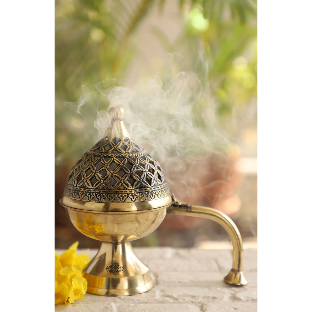 Indian Art Villa Brass Dhoop Dani with Antique Design, Ideal for Home & Temple Pooja, Size-7x4.5 Inches