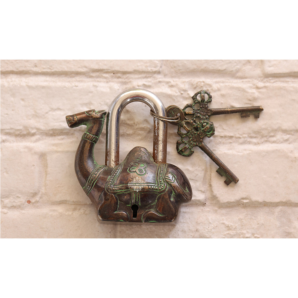 Indian Art Villa Handmade Old Dark Brown Vintage Style Camel Shape Brass Security Lock with 2 Keys, Size-4x4.5"
