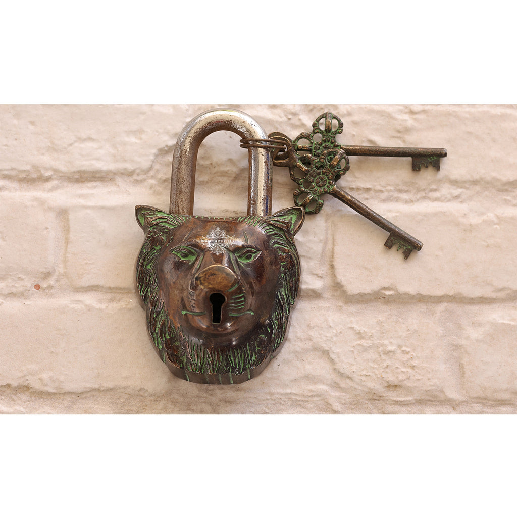 Indian Art Villa Handmade Old Vintage Style Dark Brown Antique Lion Face Shape Brass Security Lock with 2 Keys, Size-6x5.5"