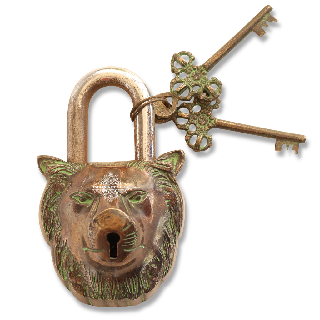 Indian Art Villa Handmade Old Vintage Style Dark Brown Antique Lion Face Shape Brass Security Lock with 2 Keys, Size-6x5.5"