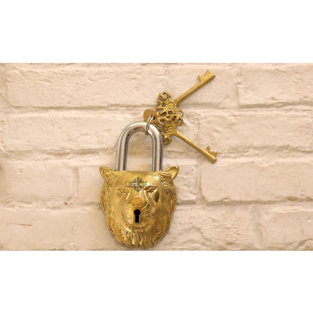 Indian Art Villa Handmade Old Vintage Style Black Lion Shape Brass Security Lock with 2 Keys, Size - 3 x 5.5"