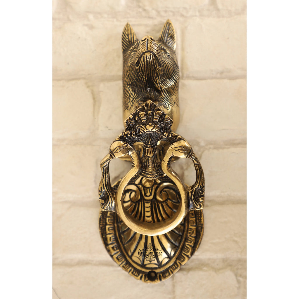 Indian Art Villa Pure Brass Door Knob With Dog Design & Antique Touch, Decor Item For Home, Hotel & Restaurants, Size- 9x3.5 Inches