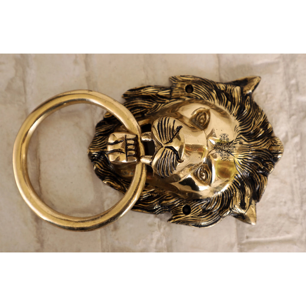 Indian Art Villa Pure Brass Door Knob With Small Lion Design & Antique Touch, Decor Item For Home, Hotel & Restaurants, Size- 6x4.5 Inches
