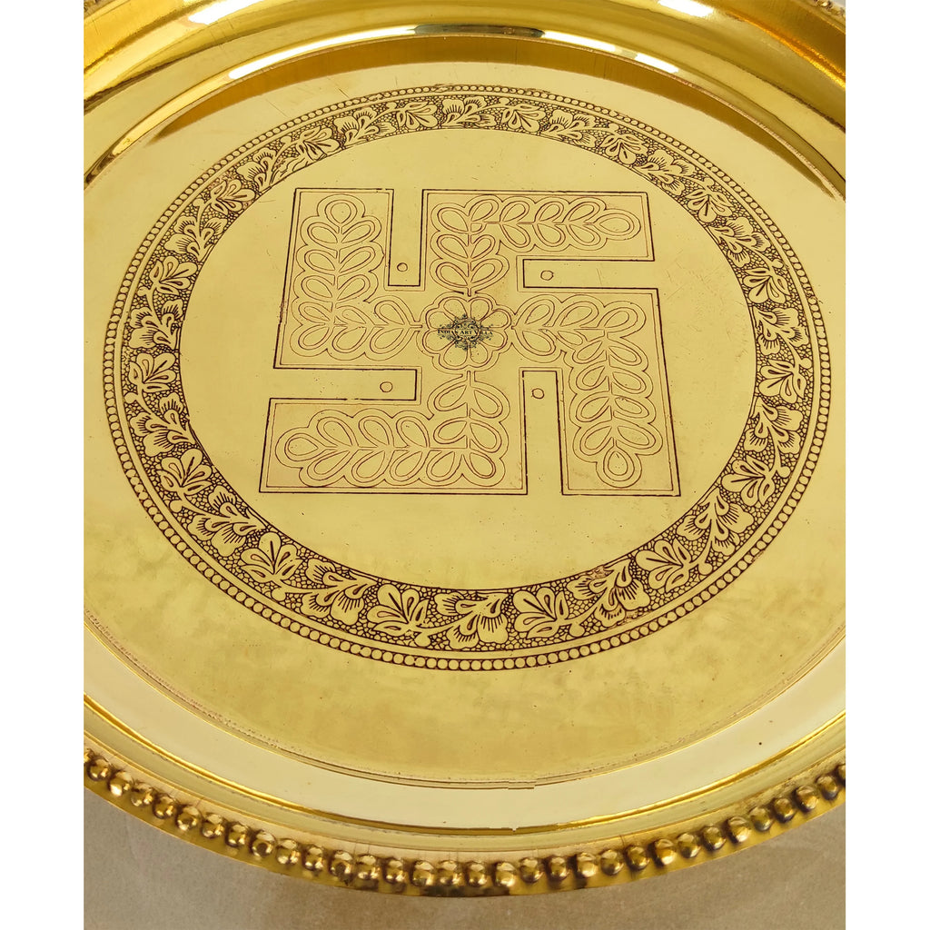 Indian Art Villa Pure Brass Pooja Thali With Swastik Embossed Design, Decorative Platter, Home Décor & Festive Item, Diameter- 12 Inches