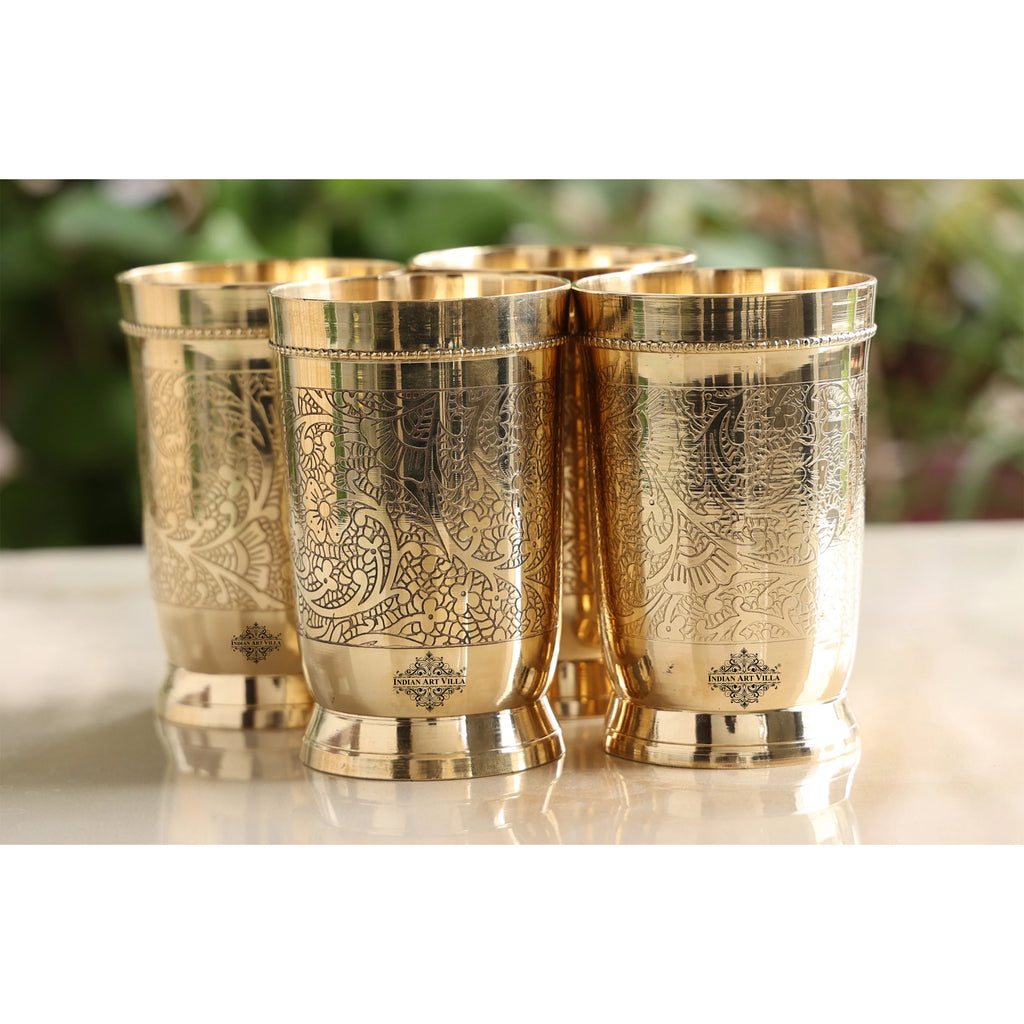 INDIAN ART VILLA Pure Brass Glass, Embossed Design, 300ml