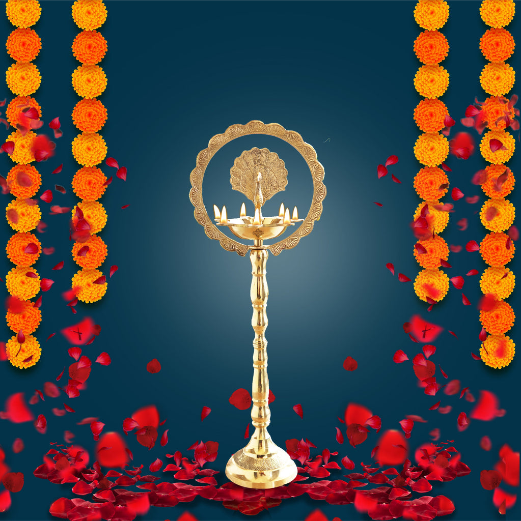 Indian Art Villa Brass Peacock Top Oil Lamp Stand, Standing Deepak, Diya with 5 wicks, Spiritual Item