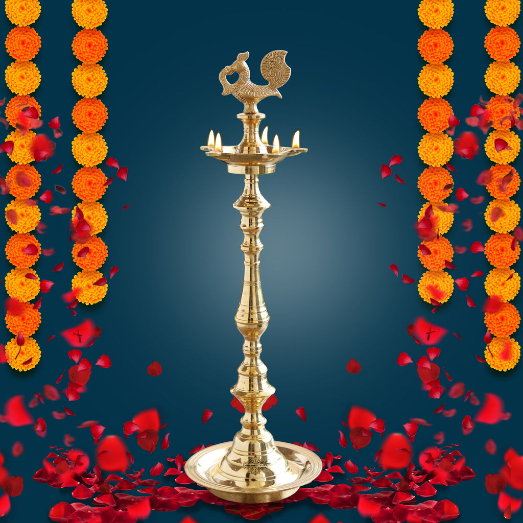 Indian Art Villa Pure Brass Shine Finish Stand/Pillar Diya/Deepak/Lamp/Lantern With Peacock Design, Pooja, Home Decor & Diwali Gift Item, Height-20 Inches