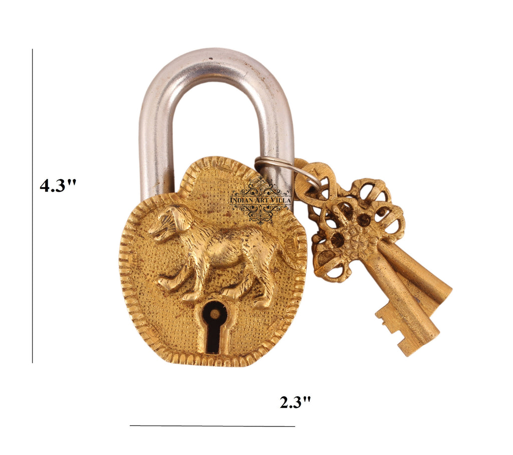 Indian Art Villa Pure Brass Dog Design Lock with 2 keys
