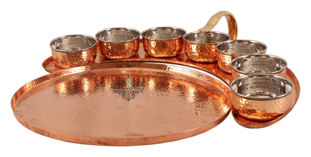 Indian Art Villa Pure Copper Maharaja Style Full Moon Tray Plate with 7 Hammered Serving Bowl