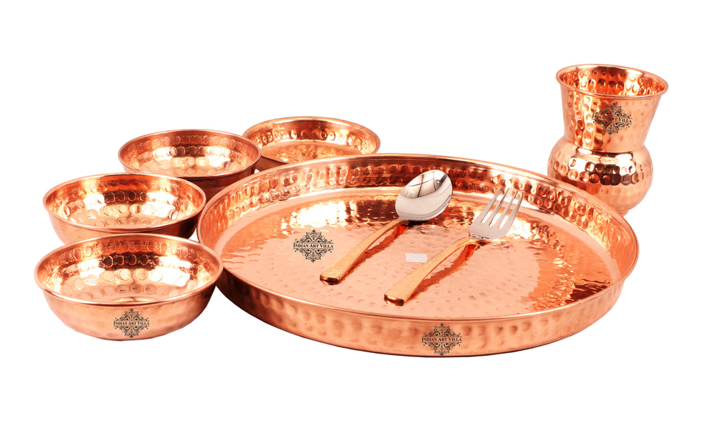 INDIAN ART VILLA Copper Hammered Traditional Design Thali Dinner Thali Set
