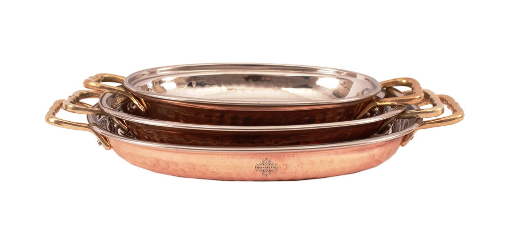 Indian Art Villa Steel Copper Set of 3 Oval Serving Platter Plate with Brass Handle