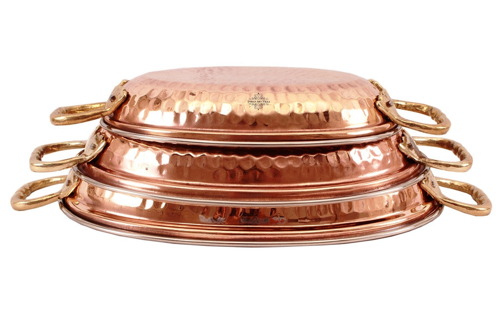Indian Art Villa Steel Copper Set of 3 Oval Serving Platter Plate with Brass Handle