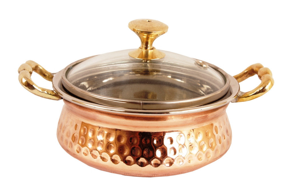 Indian Art Villa Steel Copper Set of 4 Casserole Donga with Glass Lid