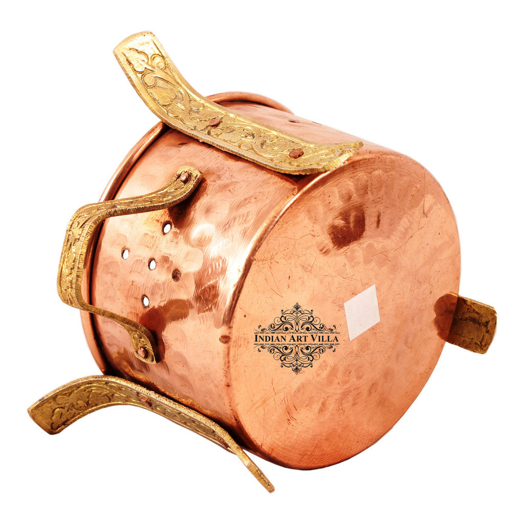 INDIAN ART VILLA Copper Sigri with Brass Stand & Steel Copper Kadai & Spoon