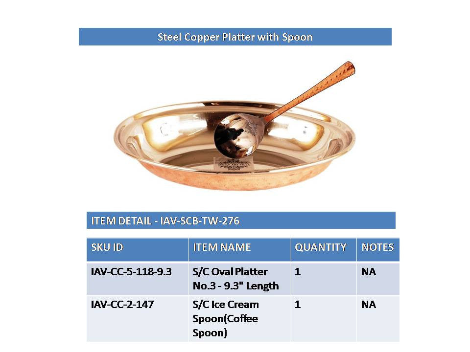INDIAN ART VILLA Steel Copper Oval Platter Plate with Spoon