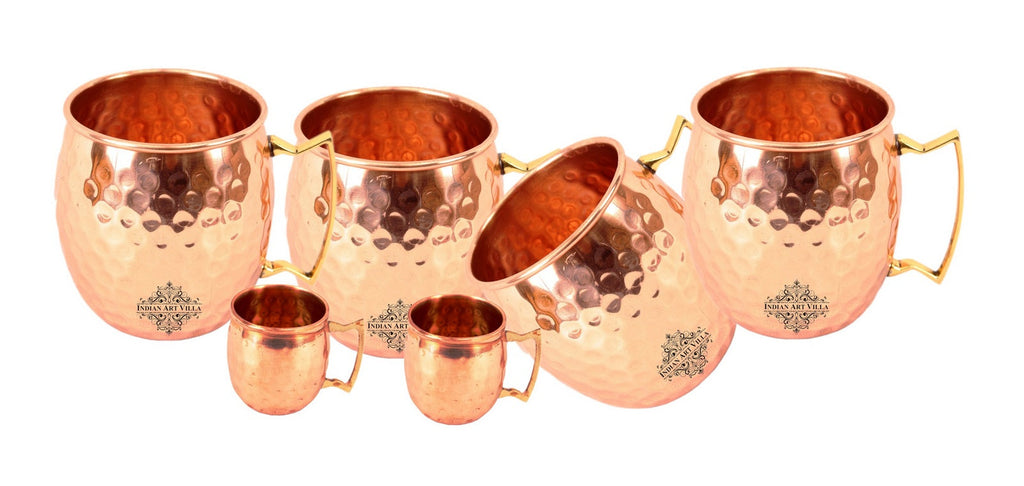Hammered  Copper 4 Mug Cup with 2 Jigger Shot Glasses,  Best for Beer Whisky Vodka Parties, , Set of 4