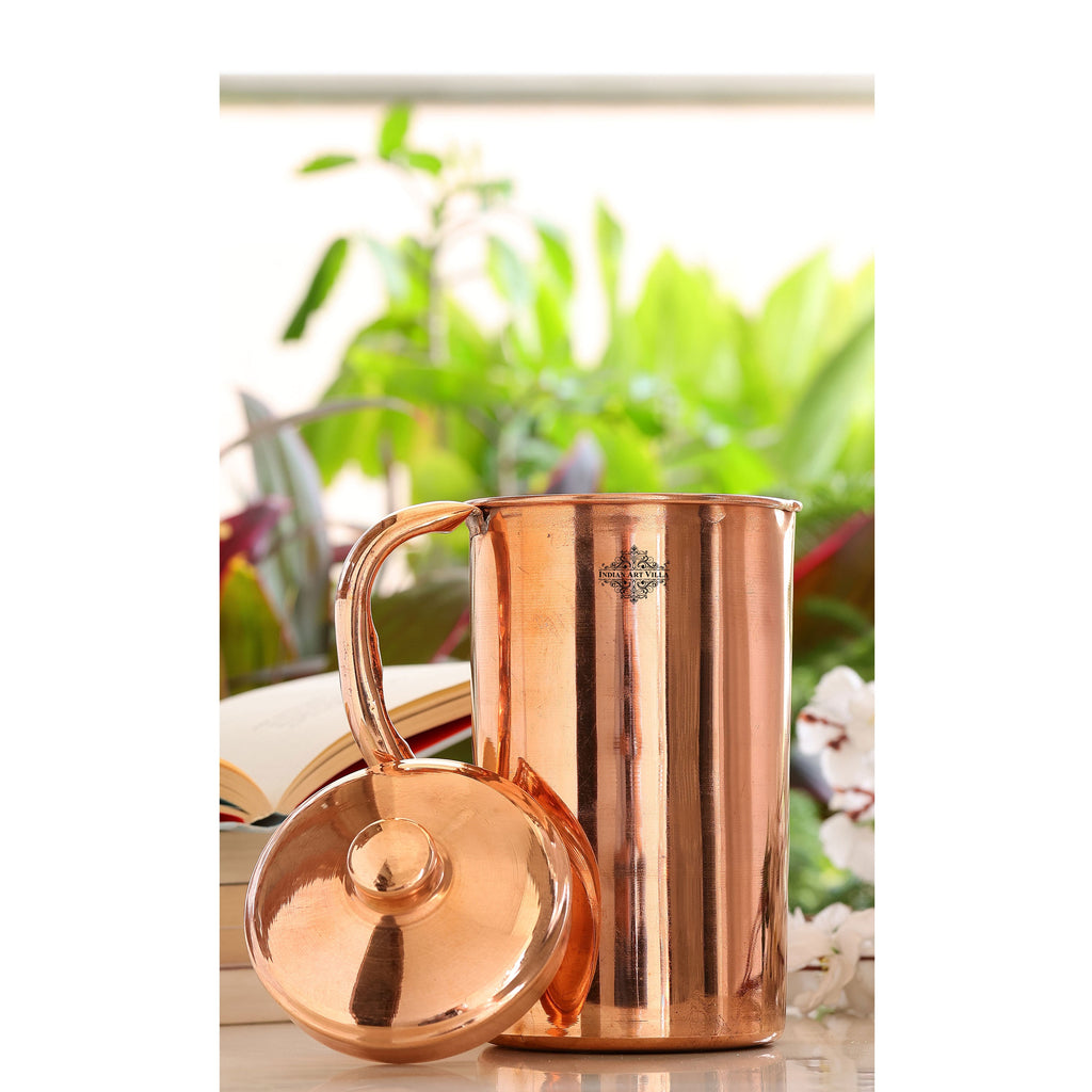 INDIAN ART VILLA Pure Copper Plain Finished Designer Jug, Pitcher With Lid, Serveware, Drinkware