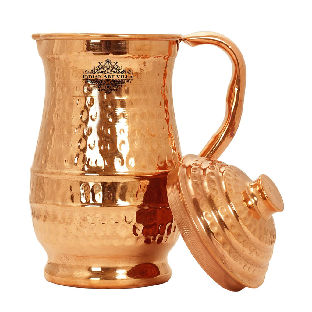 Indian Art Villa Pure Copper Hammered Maharaja Style Jug, Pitcher With Lid, Serveware, Drinkware