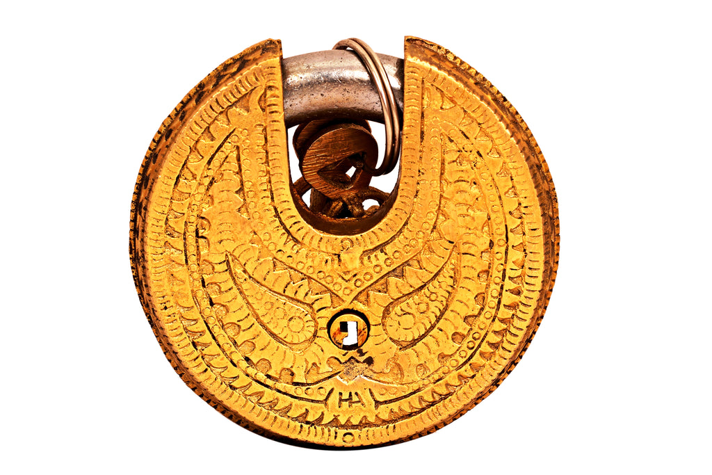 Indian Art Villa Brass Handmade Elephant Design Round Pad Lock With 2 Keys