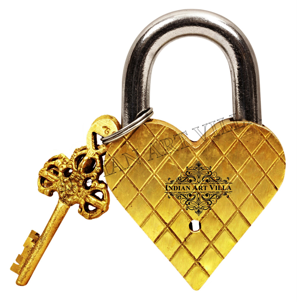 Indian Art Villa Pure Brass Heart Shape Pair of Parrot Design Lock with 2 Keys with 2 keys
