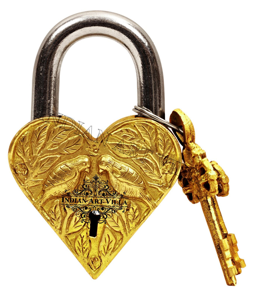 Indian Art Villa Pure Brass Heart Shape Pair of Parrot Design Lock with 2 Keys with 2 keys