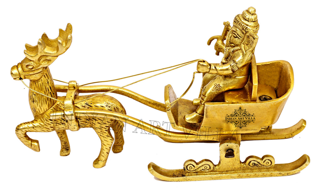 Indian Art Villa Pure Brass Ganesh Ji Idol Miniature on Reindeer Sleigh