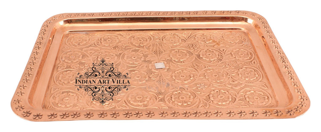 Indian Art Villa Pure Copper Engraved Flower Design Tray | Serving Tea Coffee Water Dishes | Home Hotel Restaurant Tableware