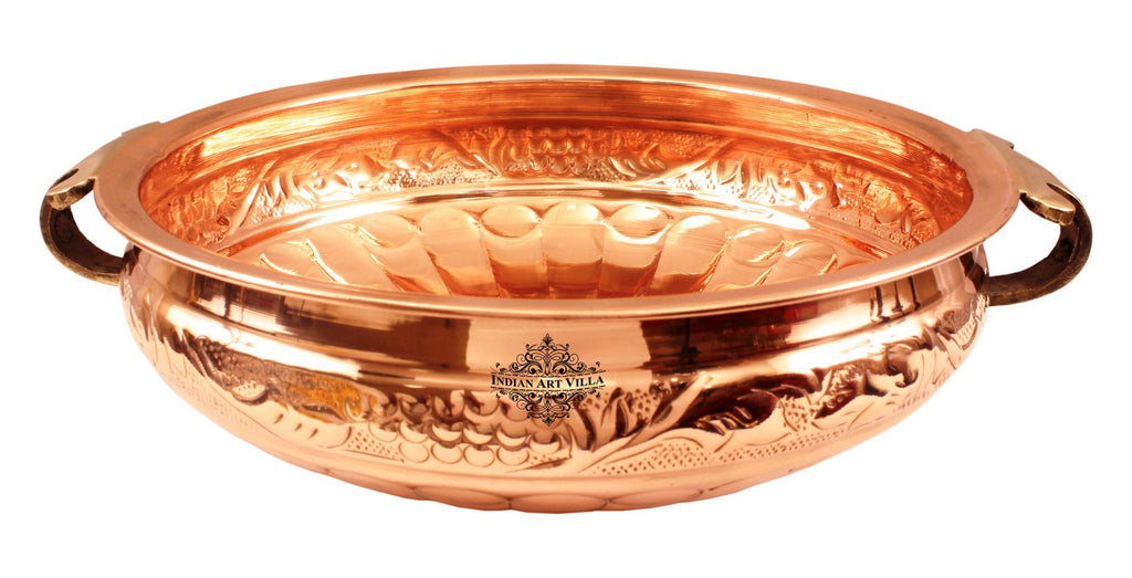 Indian Art Villa Copper Embossed Design Urli with Brass handles Decorative Platter