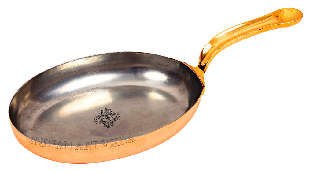 Indian Art Villa Pure Steel Copper Plain Oval Pan Inside Tin Lining with Brass Handle