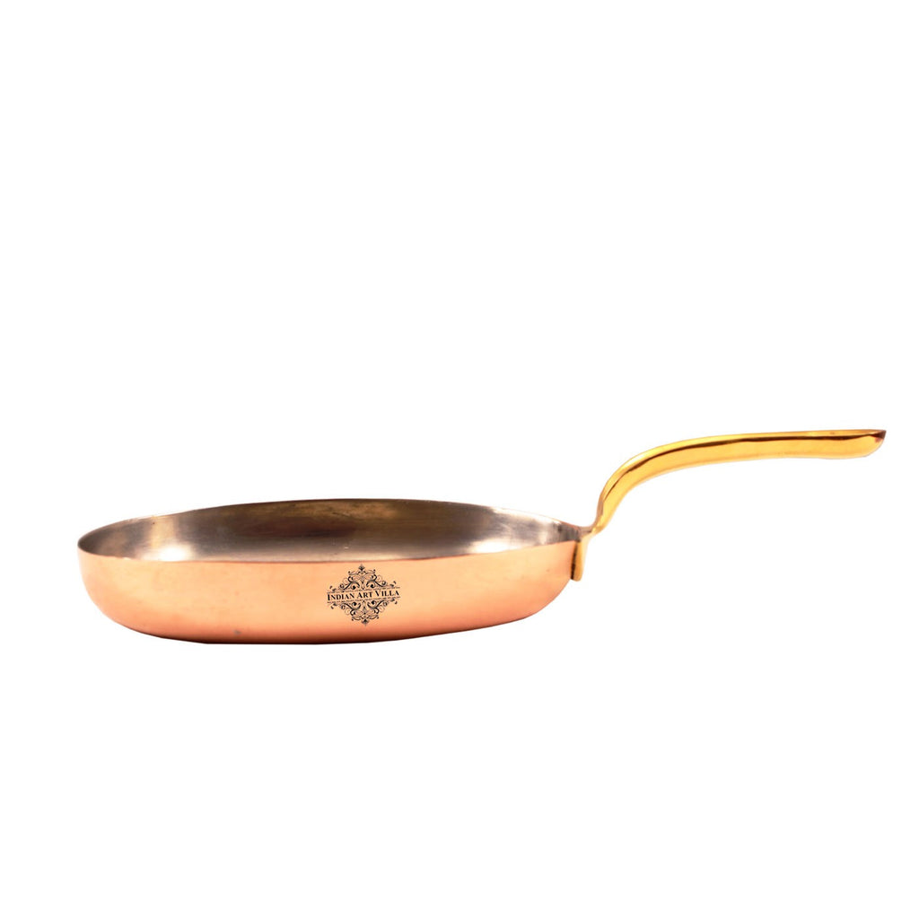 Indian Art Villa Pure Steel Copper Plain Oval Pan Inside Tin Lining with Brass Handle