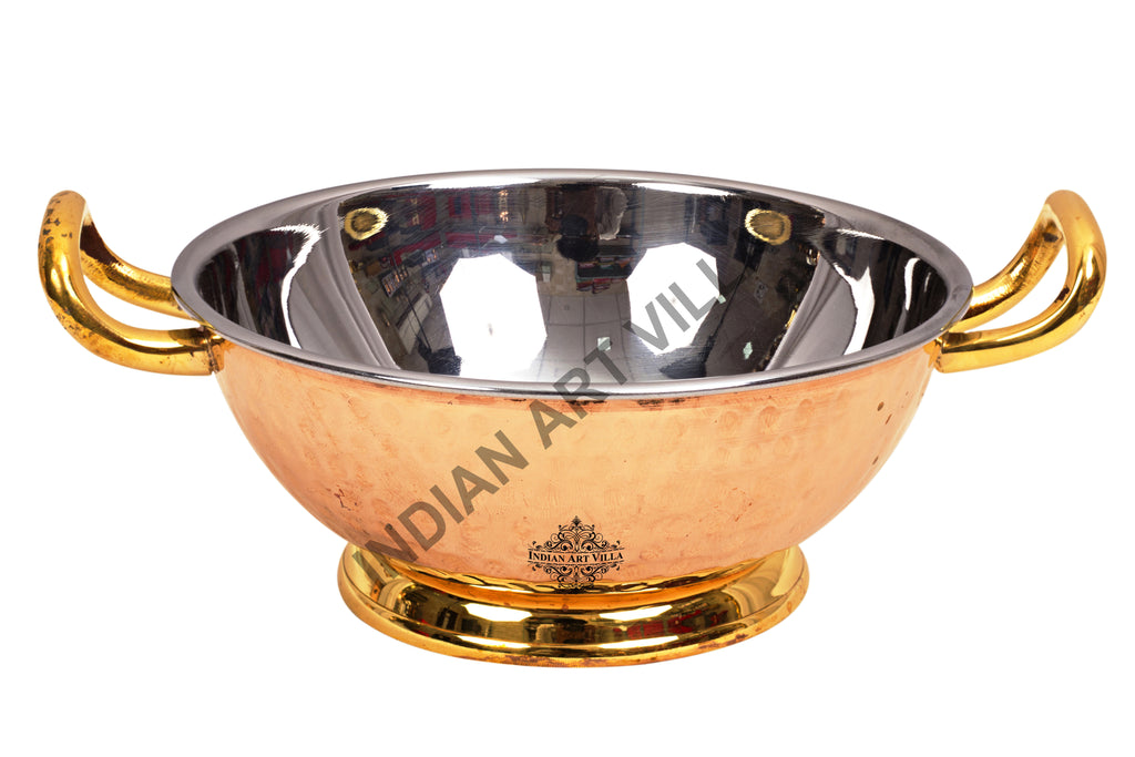 Indian Art Villa Pure Steel Copper Hammered Design Kadhai with Brass Handle and Bottom