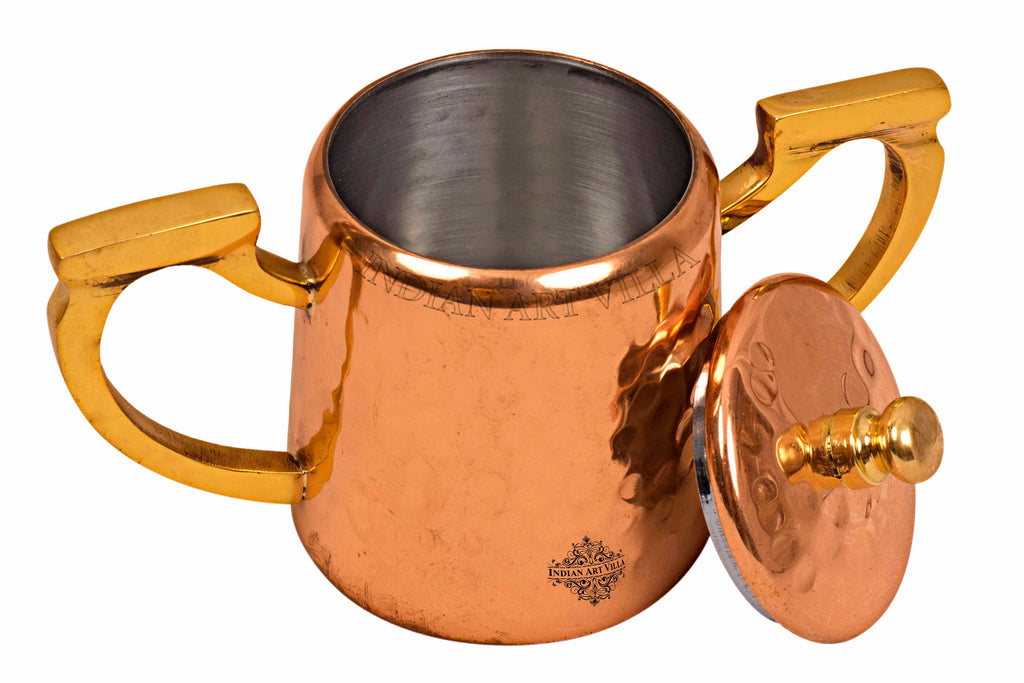 Indian Art Villa Copper Hammered Sugar Pot with Inside Tin Lining & Brass Handle
