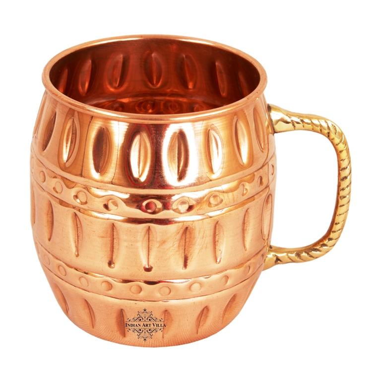 Indian Art Villa Pure Copper Round Barrel Shaped Design Moscow Mule Beer Mug Cup, Volume-530ML