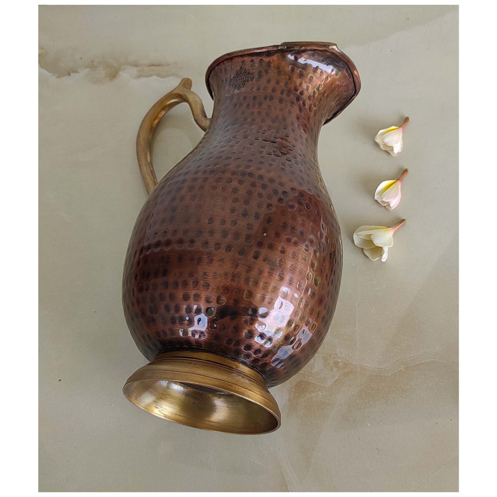 Indian Art Villa Copper Tin Mughlai Hammered Design Antique Dark Tone Jug with Brass Handle & Bottom, Storage & Serving Water, Volume-1750 ml