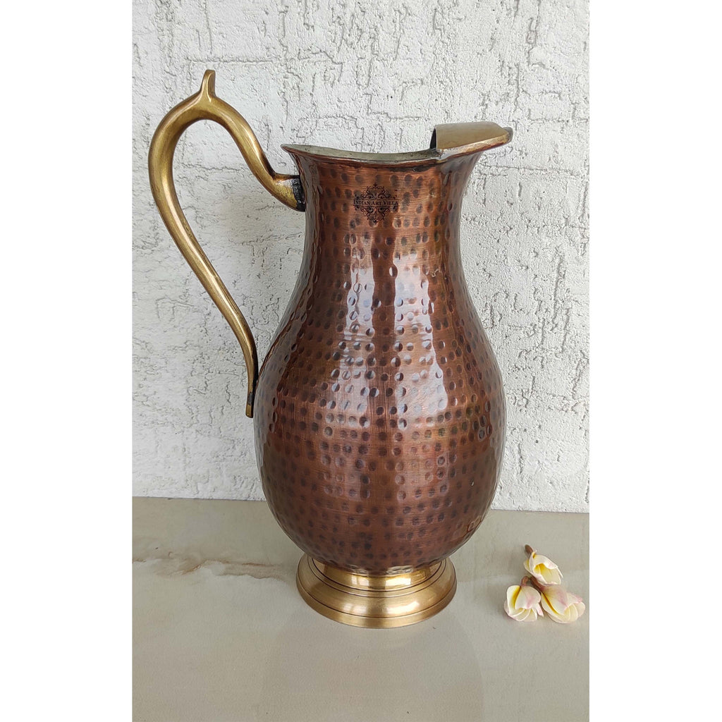 Indian Art Villa Copper Tin Mughlai Hammered Design Antique Dark Tone Jug with Brass Handle & Bottom, Storage & Serving Water, Volume-1750 ml