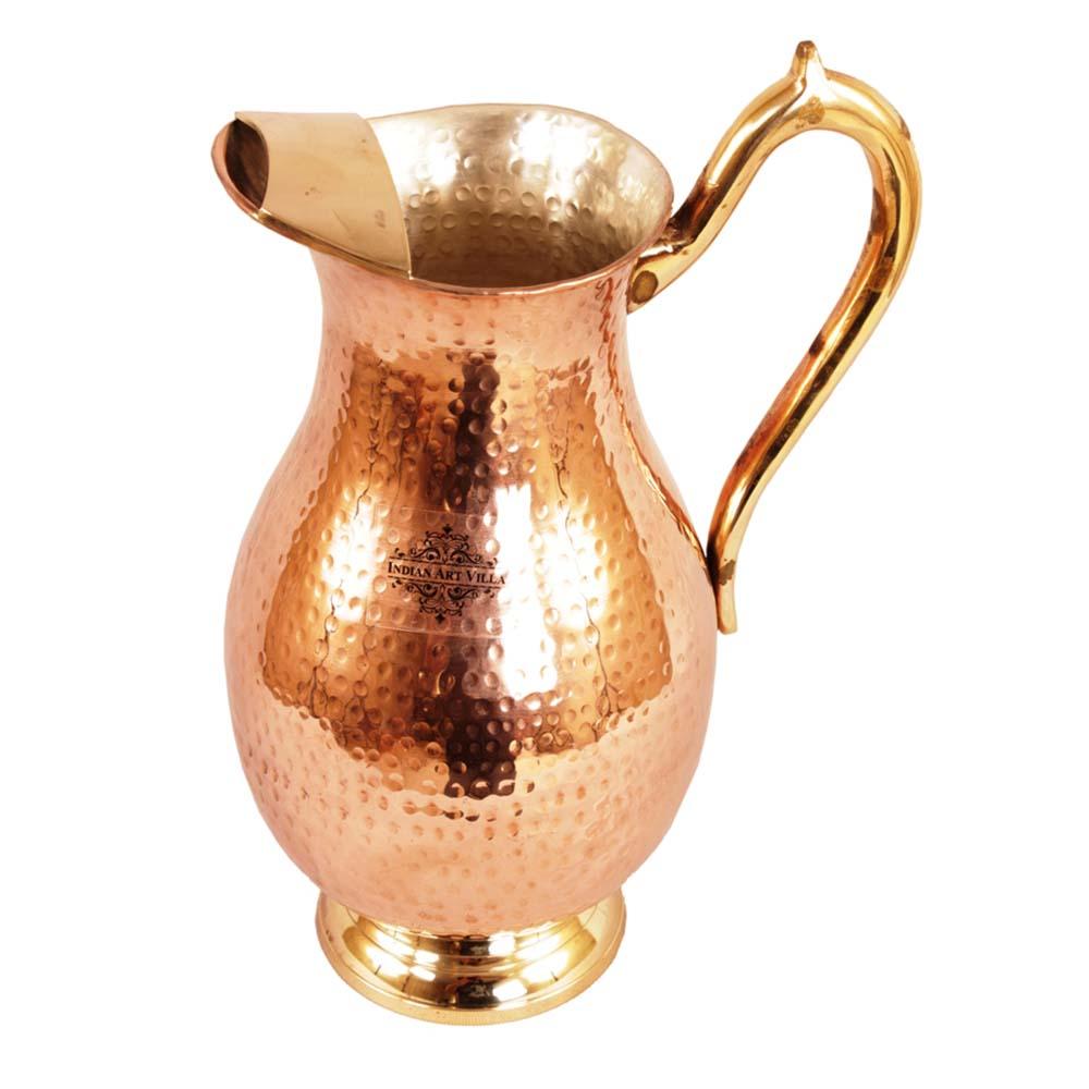 Indian Art Villa Pure Copper Tin Hammered Mughlai Style Jug, Pitcher With Brass Handle & Brass Bottom, Serveware, Drinkware, 1750ml